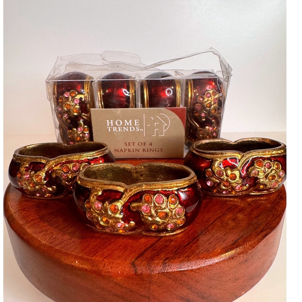 VTG Bejeweled Brass Napkin Rings Set Home Trends Red Gold‎ Jeweled Table Decor